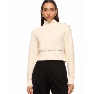 Toccin Ivory Textured Knit Mock Neck Sweater Gold Button Crop Pullover Sz L